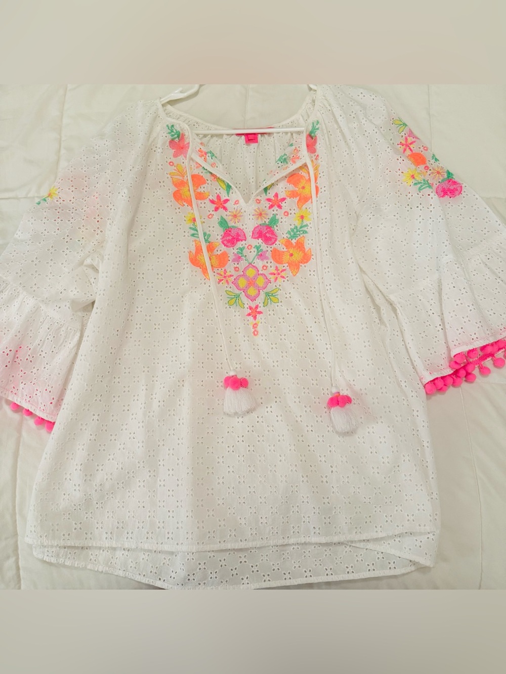 Lilly Pulitzer Morgain Resort White Eyelet Top with Neon Floral Embroidery - Picture 2 of 7